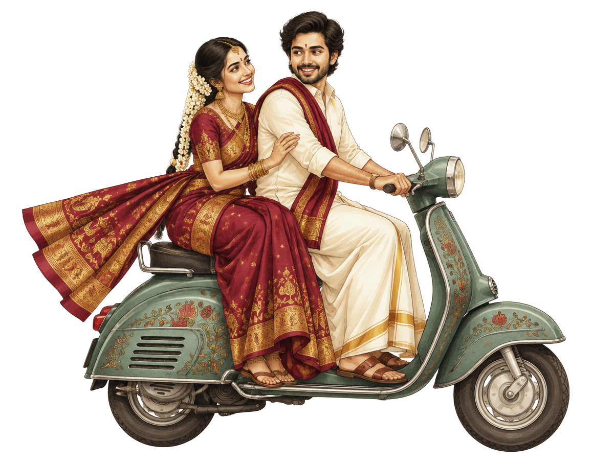Illustrated bride and groom riding a scooter